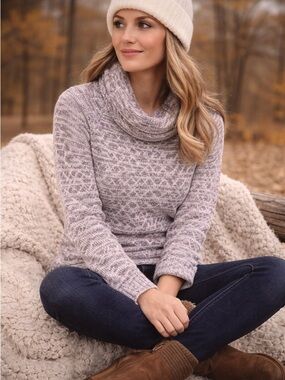 North River Cowl Neck Sweater Purple Fair Isle Cozy Knit Medium